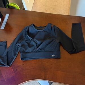 ALO Yoga Black Sports Bra sheer long sleeve bodice over connected sports bra